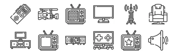 Conjunto Iconos Delgados Del Contorno Tales Como Volumen Abajo Gamepad — Vector de stock