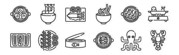 Conjunto Iconos Delgados Como Langosta Pescado Camarones Camarones Calamares Tempura — Vector de stock