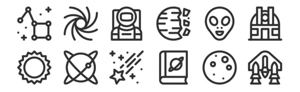Set Thin Outline Icons Space Ship Book Planet Alien Astronaut — Stock Vector