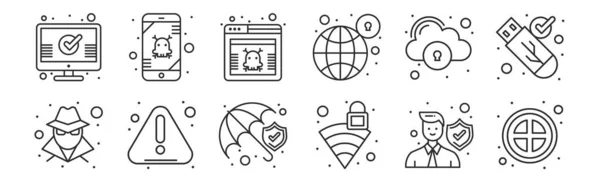 Conjunto Iconos Contorno Delgado Como Prohibido Wifi Alerta Almacenamiento Nube — Vector de stock