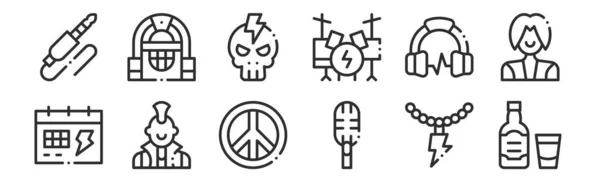 Set Thin Outline Icons Whiskey Microphone Punk Headphones Skull Jukebox — Stock Vector