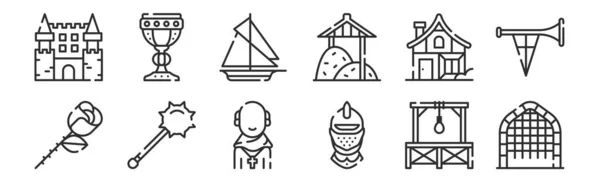 Set Thin Outline Icons Entrance Helmet Mace Medieval House Sailing — Stock Vector