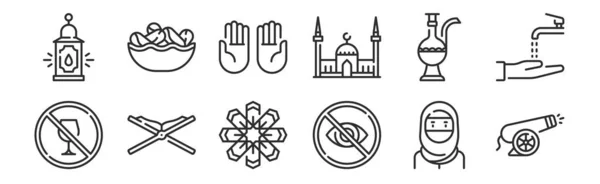 Set Thin Outline Icons Cannon Hidden Quran Teapot Praying Dates — Stock Vector