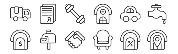 Conjunto Iconos Delgados Como Casa Sofá Buzón Coche Gimnasio Contrato — Vector de stock