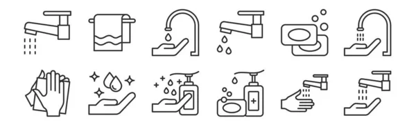 Set Von Dünnen Umrissen Symbole Wie Händewaschen Handseife Händewaschen Seifen — Stockvektor