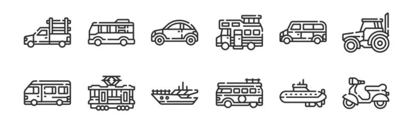 Set Thin Outline Icons Motorcycle Van Tram Car Car Minibus — Stock Vector