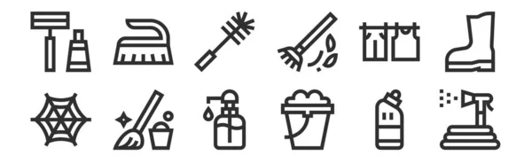 Set Thin Outline Icons Garden Hose Bucket Mop Drying Brush — Stock Vector