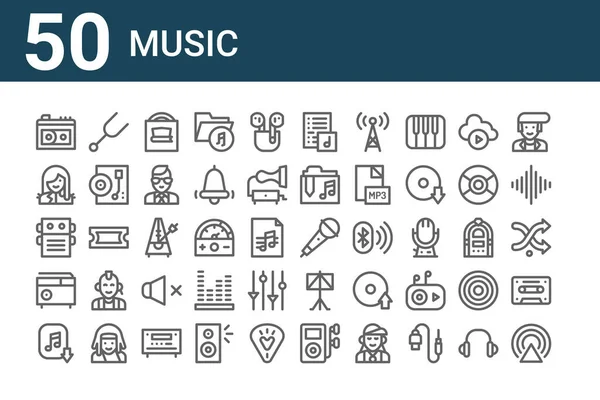 Set Music Icons Outline Thin Line Icons Broadcast Music Download — Stock Vector