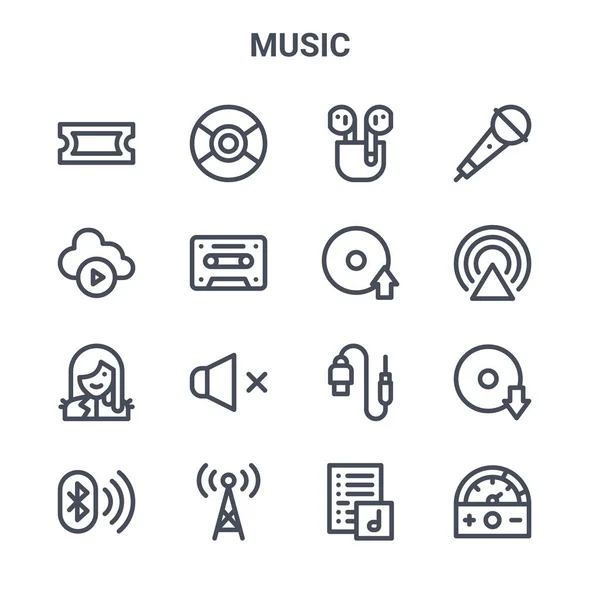16 müzik konsepti vektör çizgisi simgesi. 64x64 İnce vuruş simgeleri gibi kompakt disk, müzik, yayın, jack konnektör, anten, hacim, çalma listesi, müzik yükleme, mikrofon