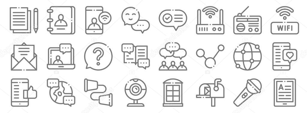 communication line icons. linear set. quality vector line set such as ebook, mailbox, webcam, like, worldwide, ask, wifi, communication, contact