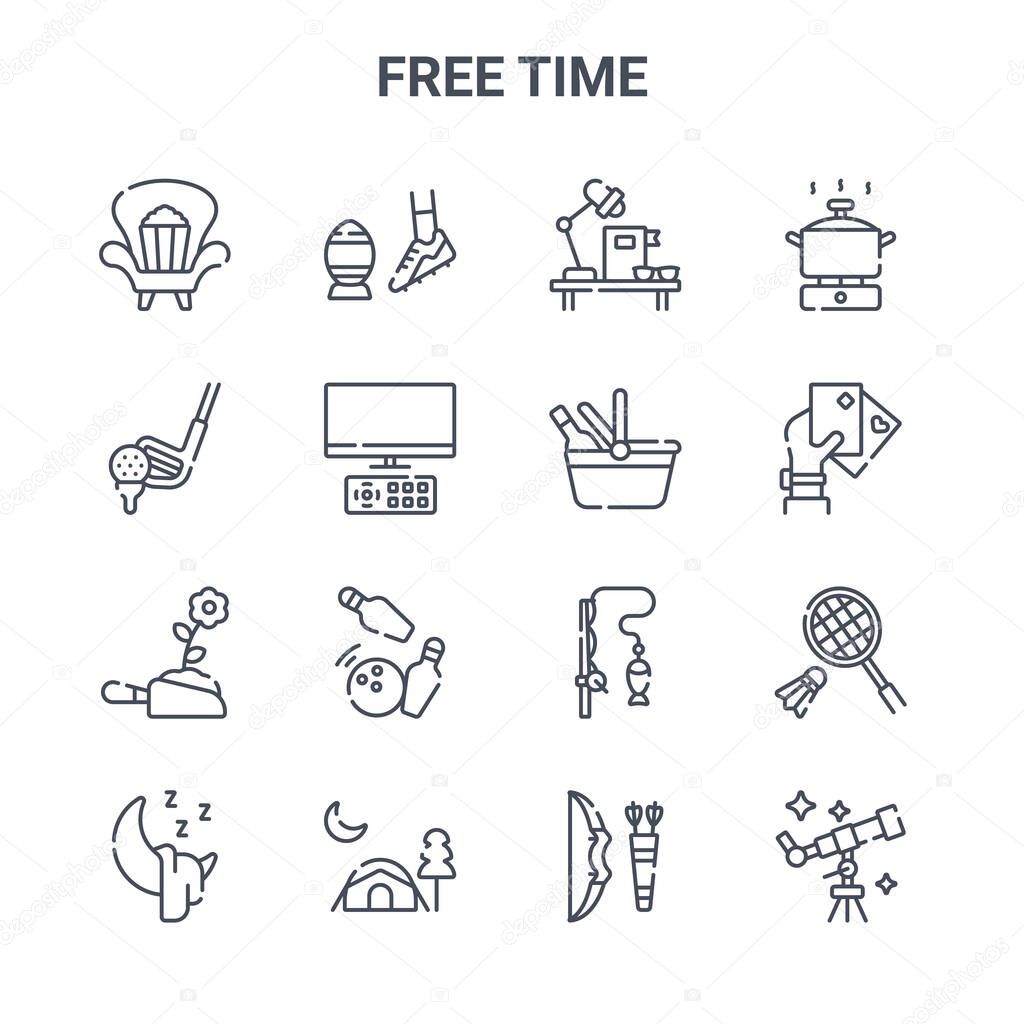 set of 16 free time concept vector line icons. 64x64 thin stroke icons such as american football, golf stick, poker cards, fishing, camping tent, star gazing, archery, picnic basket, cooking pot