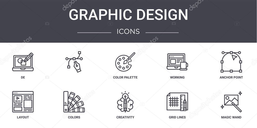 graphic design concept line icons set. contains icons usable for web, logo, ui/ux such as , working, layout, creativity, grid lines, magic wand, anchor point, color palette