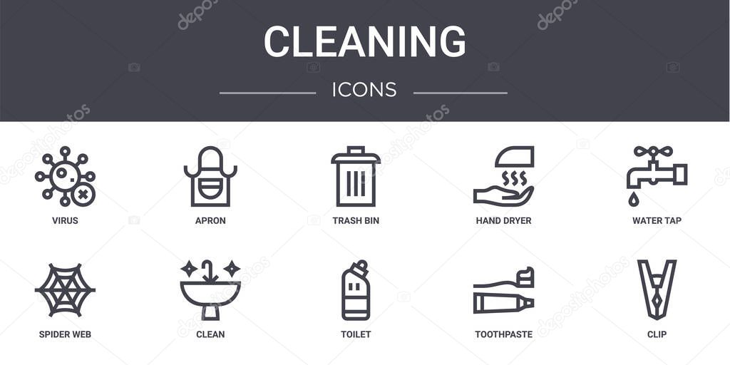 cleaning concept line icons set. contains icons usable for web, logo, ui/ux such as apron, hand dryer, spider web, toilet, toothpaste, clip, water tap, trash bin