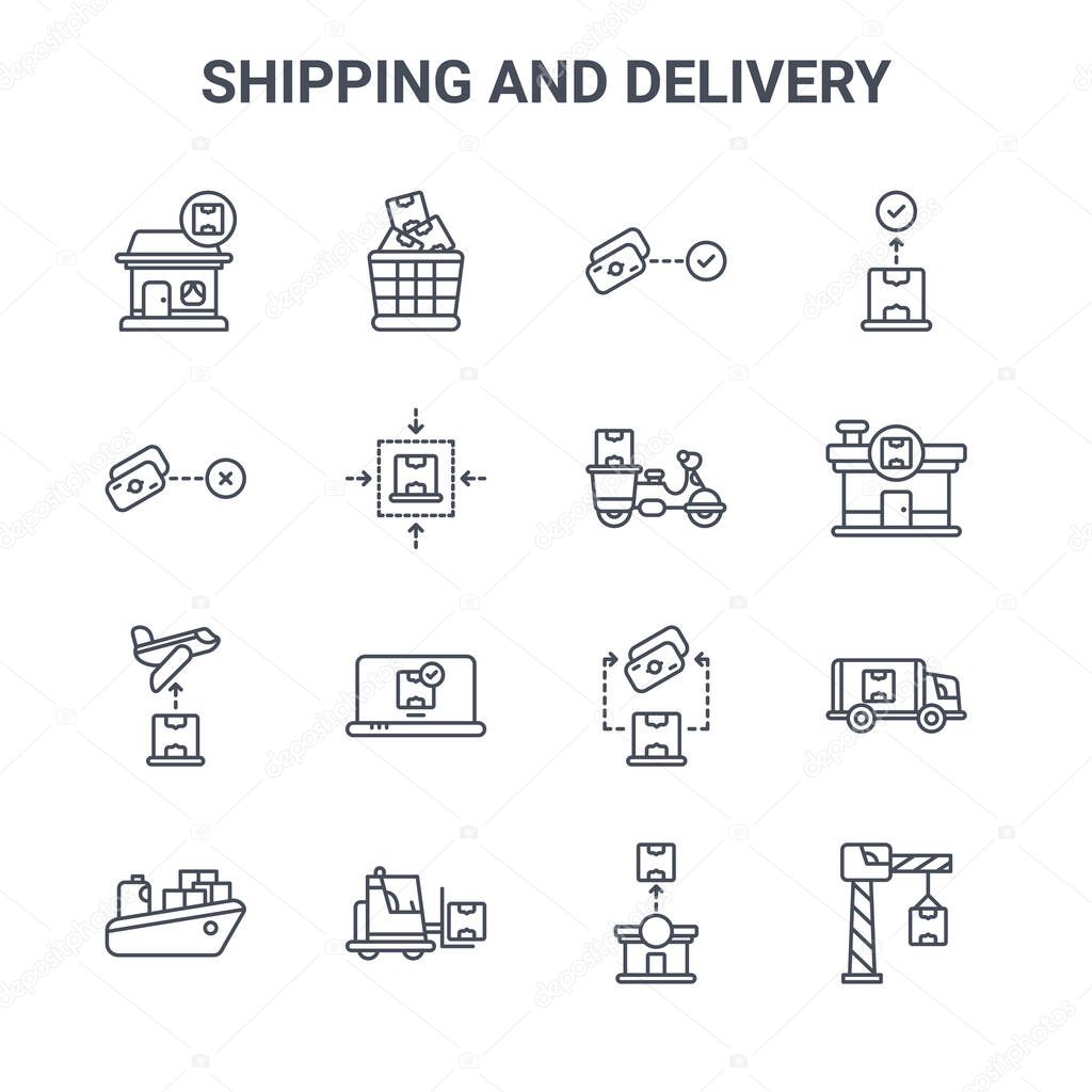 set of 16 shipping and delivery concept vector line icons. 64x64 thin stroke icons such as boxes, money, warehouse, cash on delivery, forklift, crane, warehouse, delivery bike, package