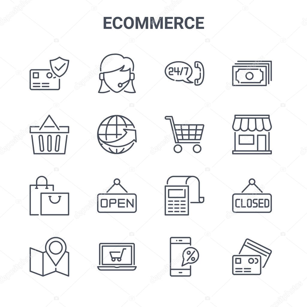 set of 16 ecommerce concept vector line icons. 64x64 thin stroke icons such as client support, shopping basket, shopping store, receipt, online shopping, cit cards, discount, cart, money