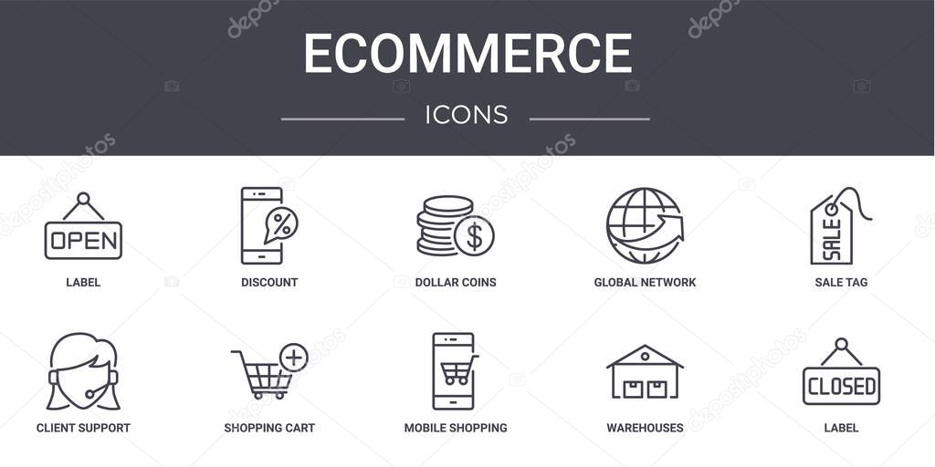 ecommerce concept line icons set. contains icons usable for web, logo, ui/ux such as discount, global network, client support, mobile shopping, warehouses, label, sale tag, dollar coins