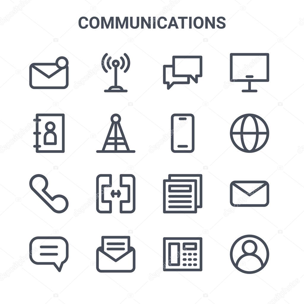 set of 16 communications concept vector line icons. 64x64 thin stroke icons such as social network, phone book, web, newspaper, message, user, telephone, smartphone, computer