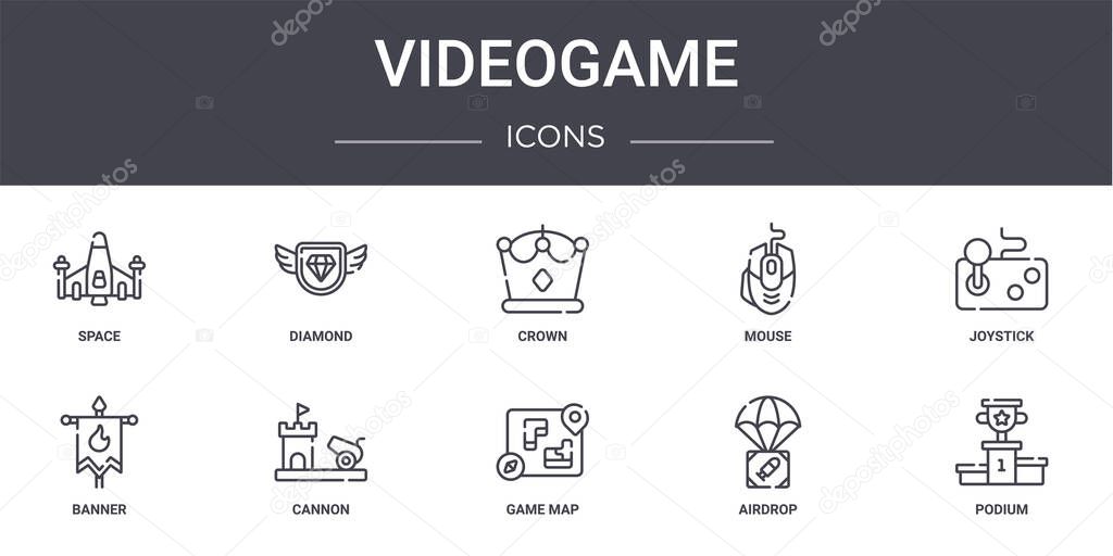 videogame concept line icons set. contains icons usable for web, logo, ui/ux such as diamond, mouse, banner, game map, airdrop, podium, joystick, crown