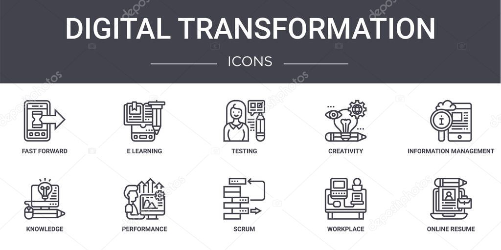 digital transformation concept line icons set. contains icons usable for web, logo, ui/ux such as e learning, creativity, knowledge, scrum, workplace, online resume, information management, testing