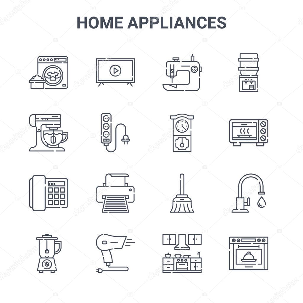 set of 16 home appliances concept vector line icons. 64x64 thin stroke icons such as smart tv, mixer, microwave, broom, hair dryer, stove, kitchen, wall clock, dispenser