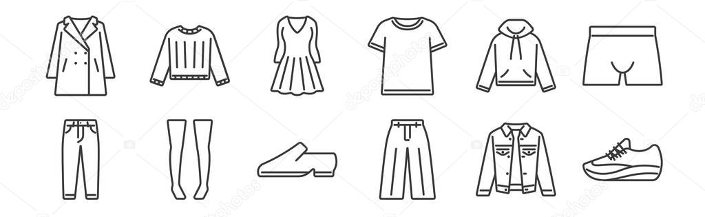 12 set of linear clothes and outfit icons. thin outline icons such as sport shoe, loose pants, knee high socks, hood, dress, sweater for web, mobile