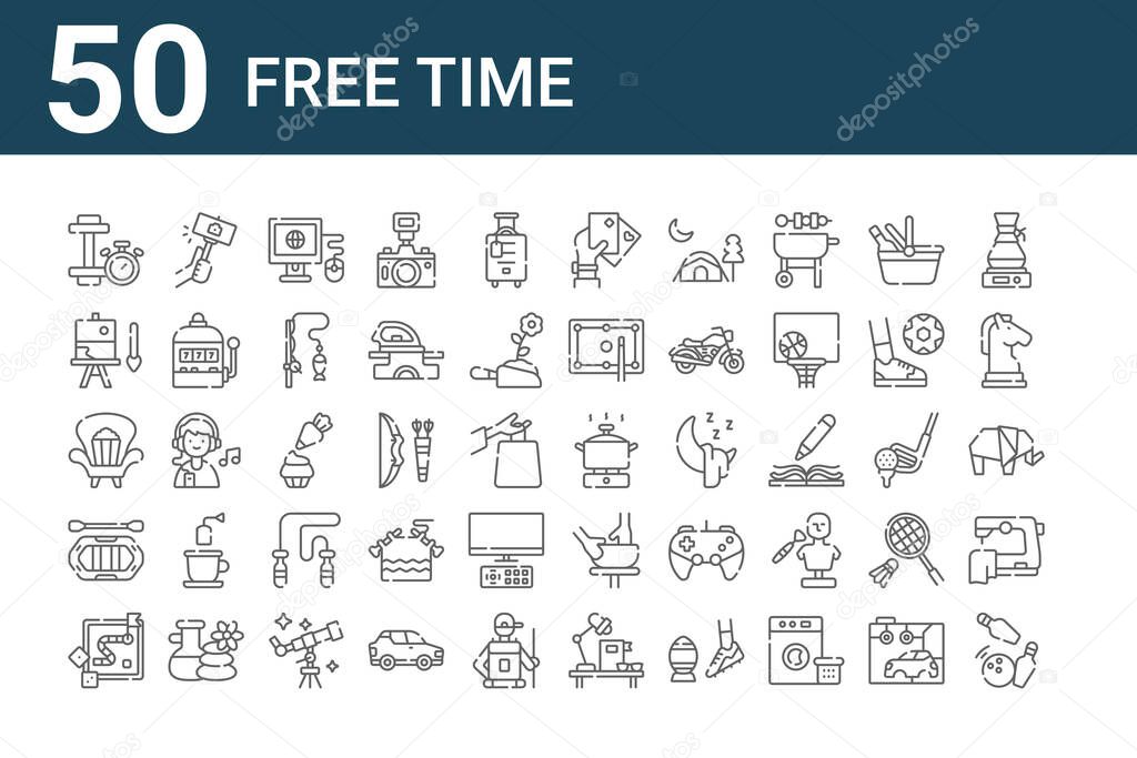 set of 50 free time icons. outline thin line icons such as bowling, board game, rafting, watch, painting, selfie, cooking pot
