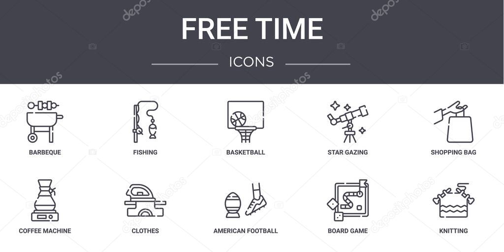 free time concept line icons set. contains icons usable for web, logo, ui/ux such as fishing, star gazing, coffee machine, american football, board game, knitting, shopping bag, basketball