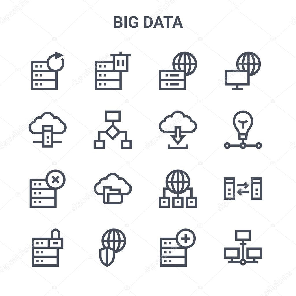 set of 16 big data concept vector line icons. 64x64 thin stroke icons such as delete, cloud server, idea, communication, global security, , remove, data, internet