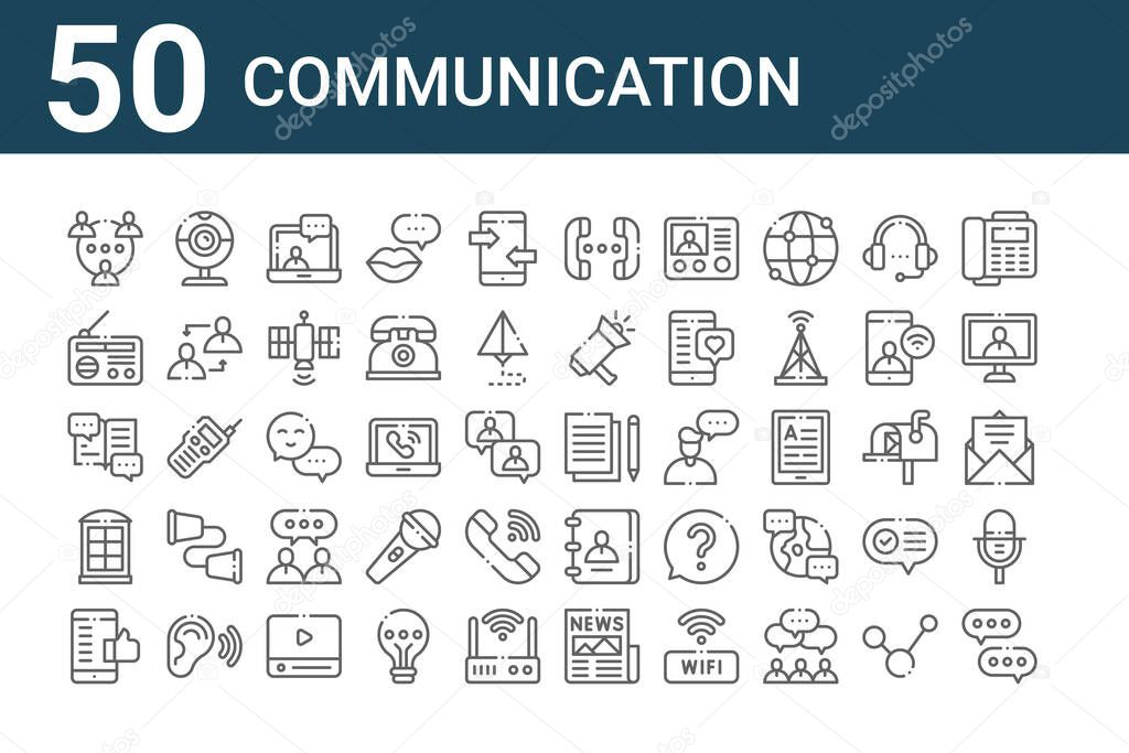 set of 50 communication icons. outline thin line icons such as message, like, phone booth, book, radio, webcam, write, conversation, chat box, contact