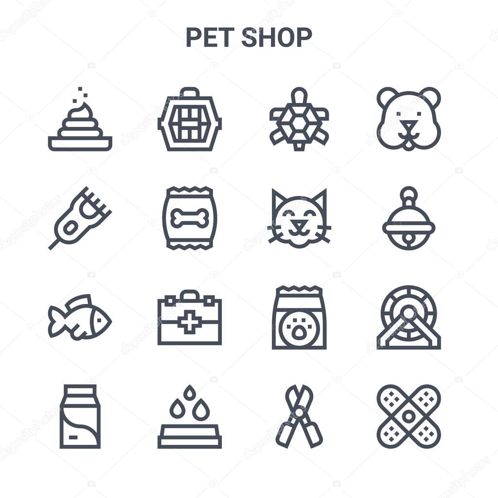 set of 16 pet shop concept vector line icons. 64x64 thin stroke icons such as pet carrier, electric shaver, jingle bell, cat food, waterdrops, band aid, scissors, cat, hamster