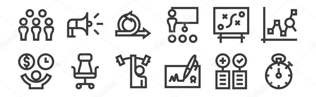 12 set of linear management icons. thin outline icons such as stopwatch, agreement, office chair, strategy, agile, megaphone for web, mobile