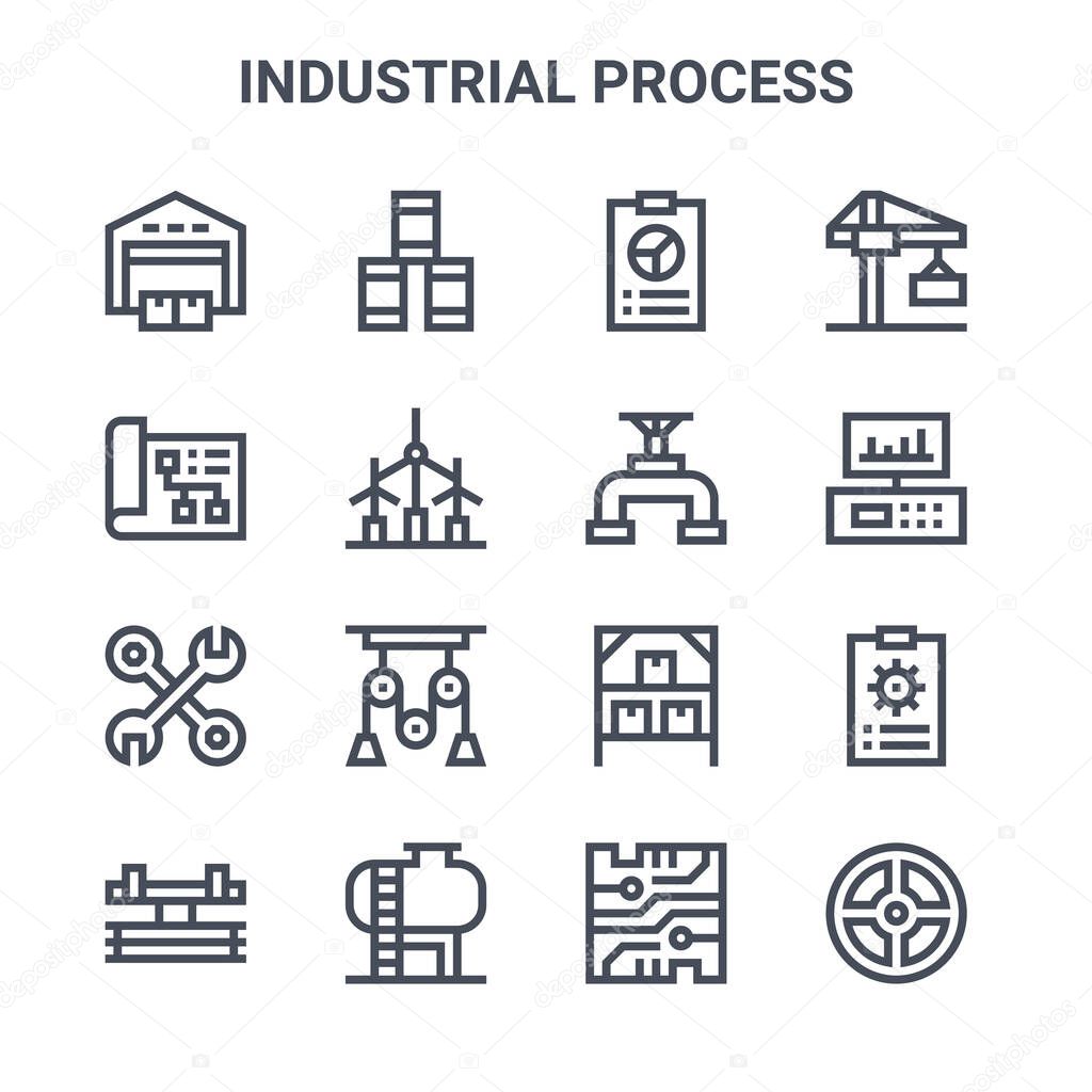 set of 16 industrial process concept vector line icons. 64x64 thin stroke icons such as oil barrel, plan, monitor, stock, tank, valve, microchip, pipe, crane