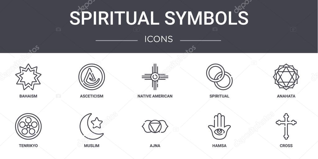 spiritual symbols concept line icons set. contains icons usable for web, logo, ui/ux such as asceticism, spiritual, tenrikyo, ajna, hamsa, cross, anahata, native american
