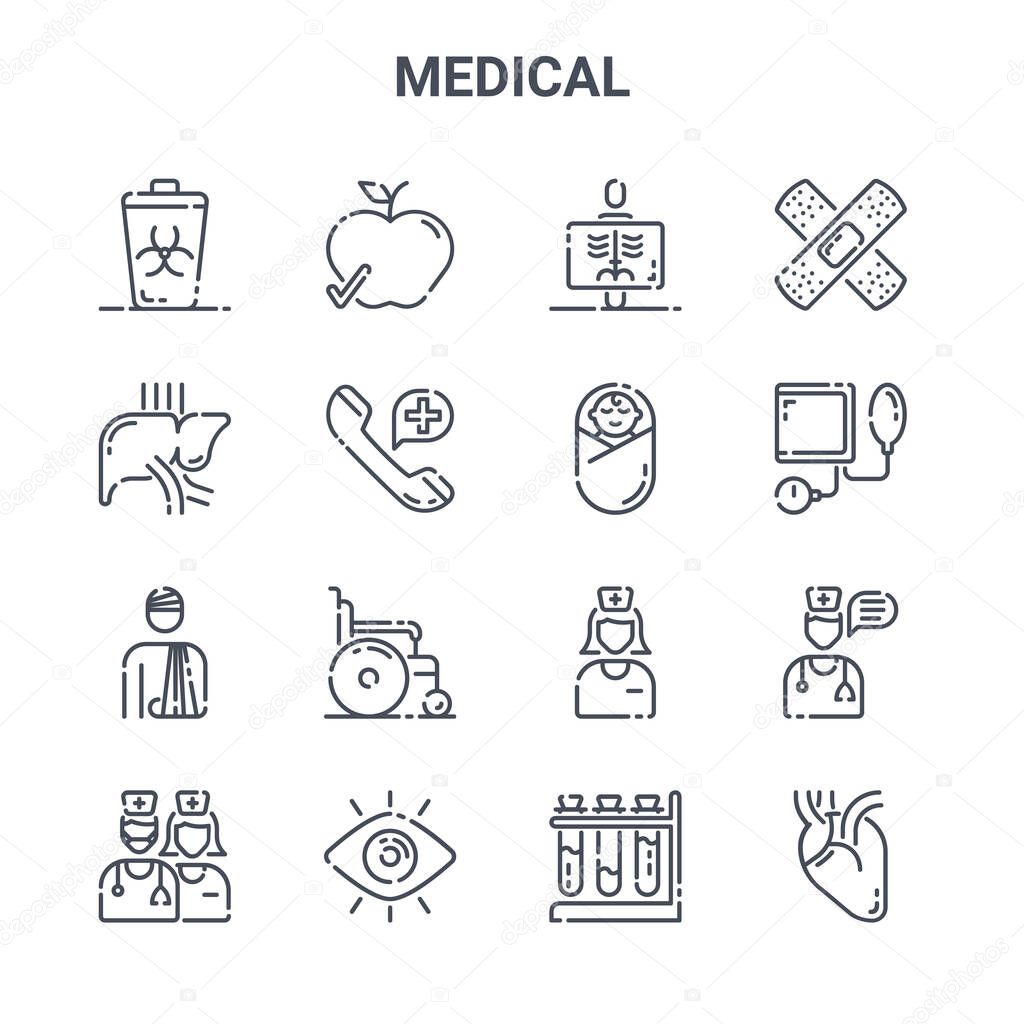 set of 16 medical concept vector line icons. 64x64 thin stroke icons such as healthy food, liver, blood pressure, nurse, eye, heart, tubs, child, adhesive