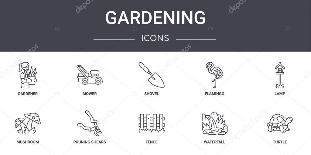 gardening concept line icons set. contains icons usable for web, logo, ui/ux such as mower, flamingo, mushroom, fence, waterfall, turtle, lamp, shovel
