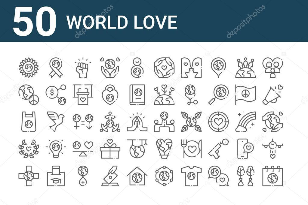 set of 50 world love icons. outline thin line icons such as mother earth day, medical, laurel, plastic bag, peace, ribbon, world