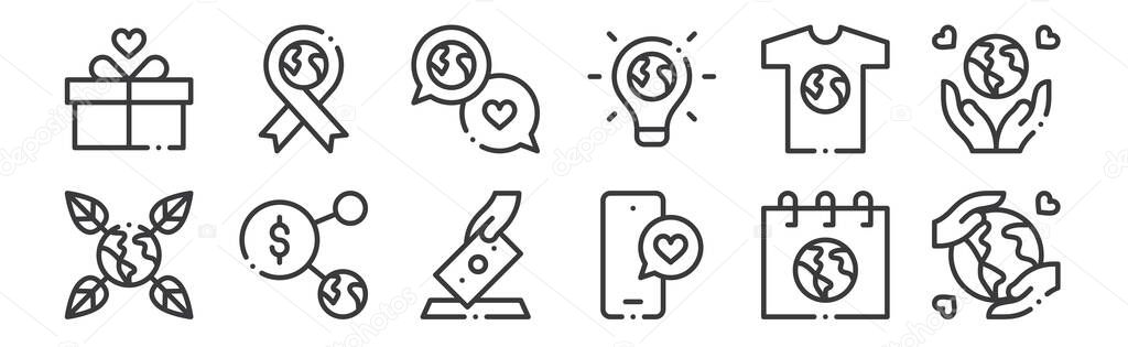 12 set of linear world love icons. thin outline icons such as save the world, love message, connection, t shirt, talk, ribbon for web, mobile