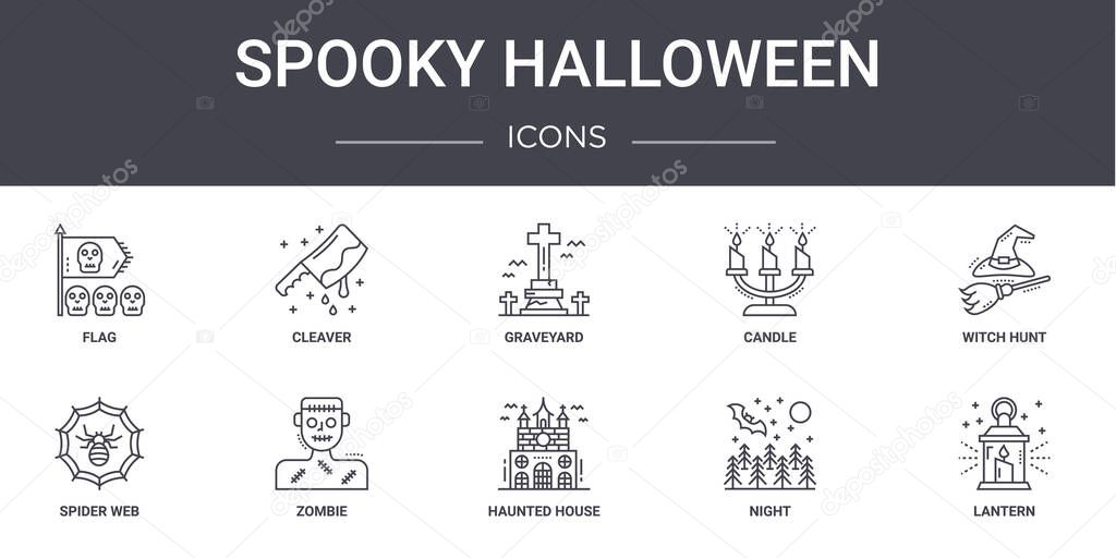 spooky halloween concept line icons set. contains icons usable for web, logo, ui/ux such as cleaver, candle, spider web, haunted house, night, lantern, witch hunt, graveyard