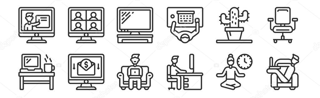 set of 12 thin outline icons such as freelancer, working, online money, cactus, computer screen, video call for web, mobile