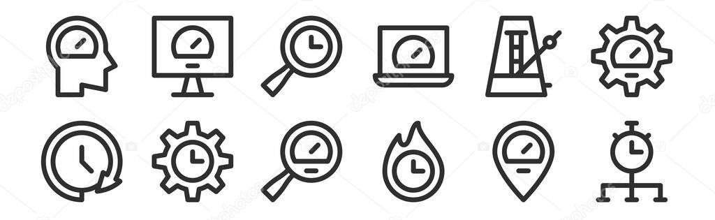 set of 12 thin outline icons such as time, deadline, time management, metronome, waiting, speedometer for web, mobile