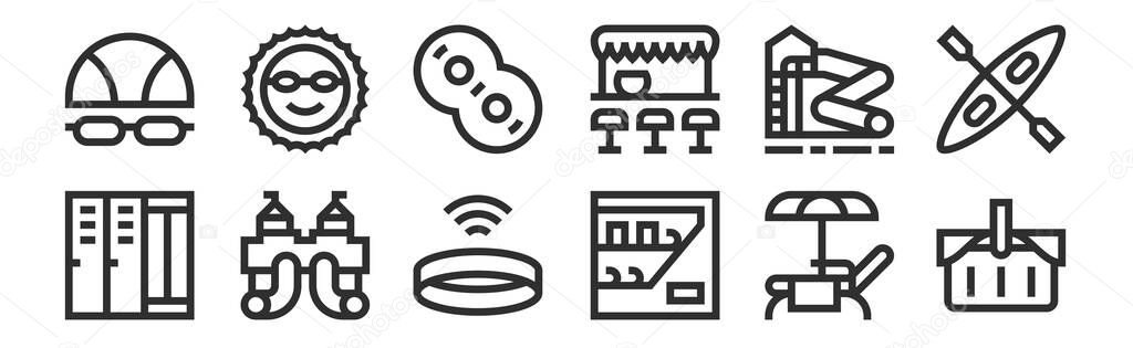 set of 12 thin outline icons such as picnic basket, vending machine, water slide, water slide, rubber ring, sun for web, mobile