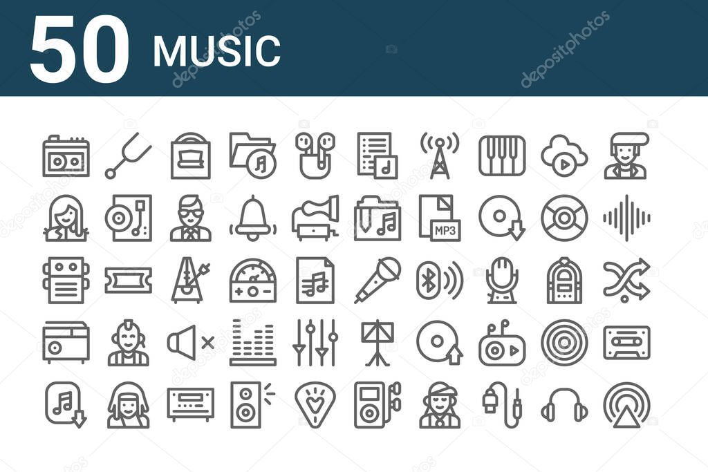 set of 50 music icons. outline thin line icons such as broadcast, music download, radio, pedal, heavy, diapason, microphone