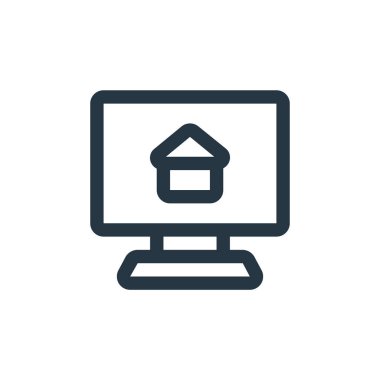 Bilgisayar vektör simgesi. Bilgisayarda düzenlenebilir felç. İnternet ve mobil uygulamalarda, logoda, yazıcı ortamında kullanmak için bilgisayar doğrusal sembolü. İnce çizgili çizim. Vektör izole çizimi.