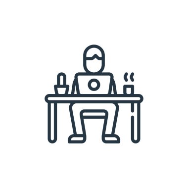 İş istasyonu vektör simgesi. İş istasyonunda düzenlenebilir felç. Web ve mobil uygulamalarda, logoda ve yazılı medyada kullanım için çalışma istasyonu doğrusal sembolü. İnce çizgili çizim. Vektör izole çizimi.