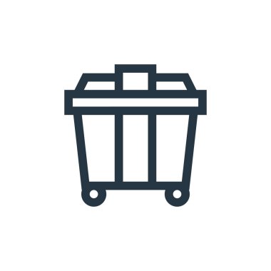 Çöp konteynırı ikonu. Çöp konteynırı inmesi. Web ve mobil uygulamalarda, logoda ve yazılı medyada kullanmak için çöp konteynırı lineer sembolü. İnce çizgili çizim. Vektör izole çizimi.