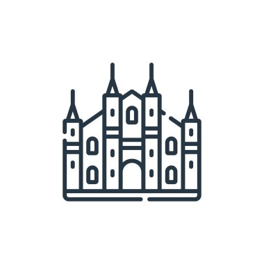 Katedral vektör simgesi. Katedral inme inmesi. Web ve mobil uygulamalarda kullanmak için katedral lineer sembolü, logo, yazdırma medyası. İnce çizgili çizim. Vektör izole çizimi.