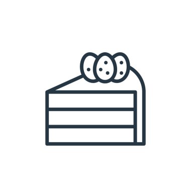 Kek vektör simgesi. Kurgulanabilir pasta felci. Web ve mobil uygulamalarda kullanmak için pasta doğrusal sembolü, logo, yazdırma medyası. İnce çizgili çizim. Vektör izole çizimi.