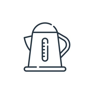 Elektrikli çaydanlık vektör simgesi. Elektrikli su ısıtıcısı inmesi. Ağ ve mobil uygulamalarda, logoda, yazdırma ortamında kullanılacak elektrikli su ısıtıcısı doğrusal sembolü. İnce çizgili çizim. Vektör izole çizimi.