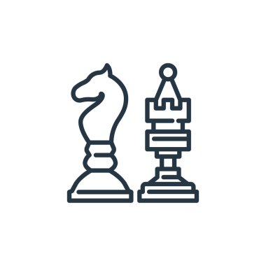 Satranç vektör simgesi. Yenilebilir satranç vuruşu. İnternet ve mobil uygulamalarda kullanım için satranç lineer sembolü, logo, yazdırma medyası. İnce çizgili çizim. Vektör izole çizimi.