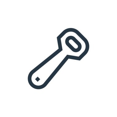 Şişe açacağı vektör simgesi. Şişe açacağı darbesi. İnternet ve mobil uygulamalarda, logoda, yazıcı ortamında kullanım için şişe açacağı lineer sembolü. İnce çizgili çizim. Vektör izole çizimi.